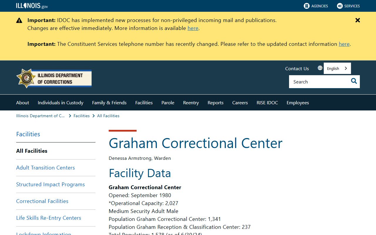 Graham Correctional Center inmate lookup IDOC facility page