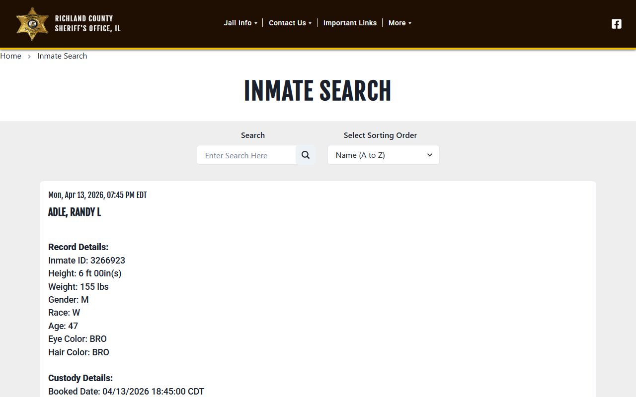 Richland County inmate population roster search page
