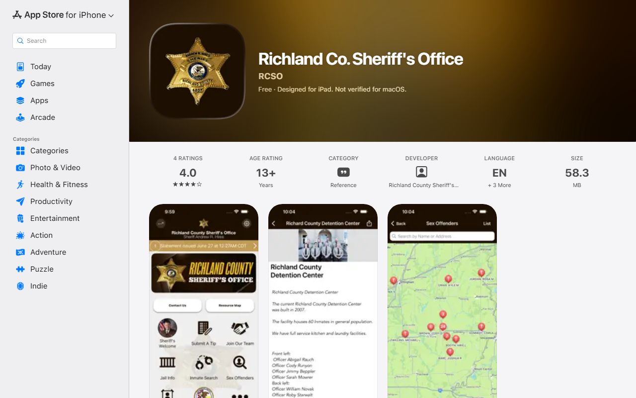 Richland County booking photos access through the sheriff mobile app listing